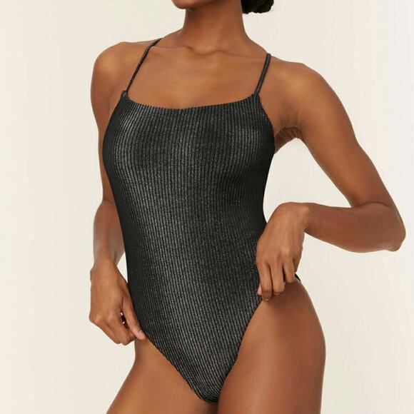 Andie Fiji One Piece Black Glitter Ribbed Strappy Swimwear Bathing Suit XS New - Picture 1 of 13